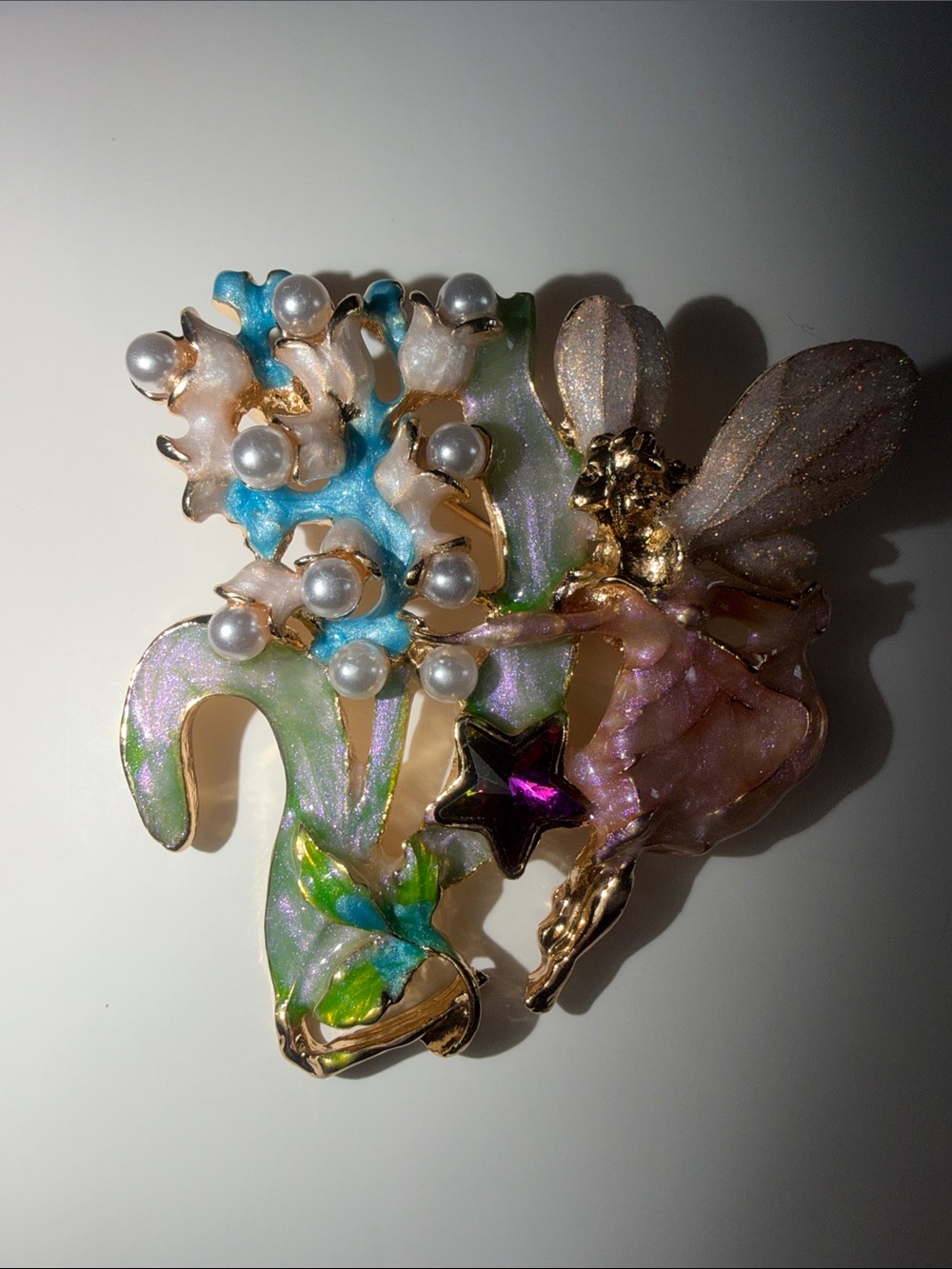 Preloved Iridescent Fairy Brooch with Pearls and Star Accent